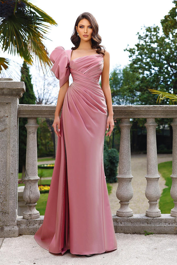 Dusty Pink One Shoulder Pleats Mermaid Prom Dress with Split
