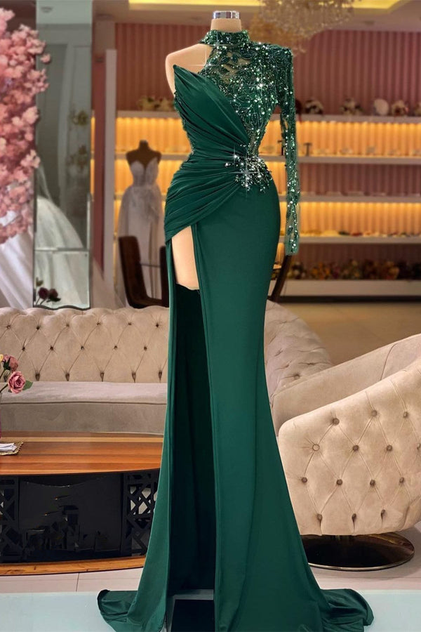 Dark Green Mermaid Prom Dress With Long Sleeves High Neck and Bead Embellishments