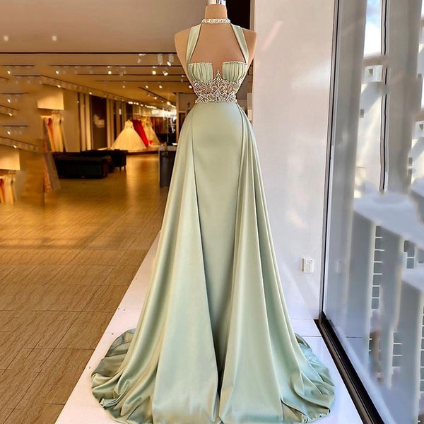 Dusty Sage Beaded Halter Prom Dress with Long Overskirt