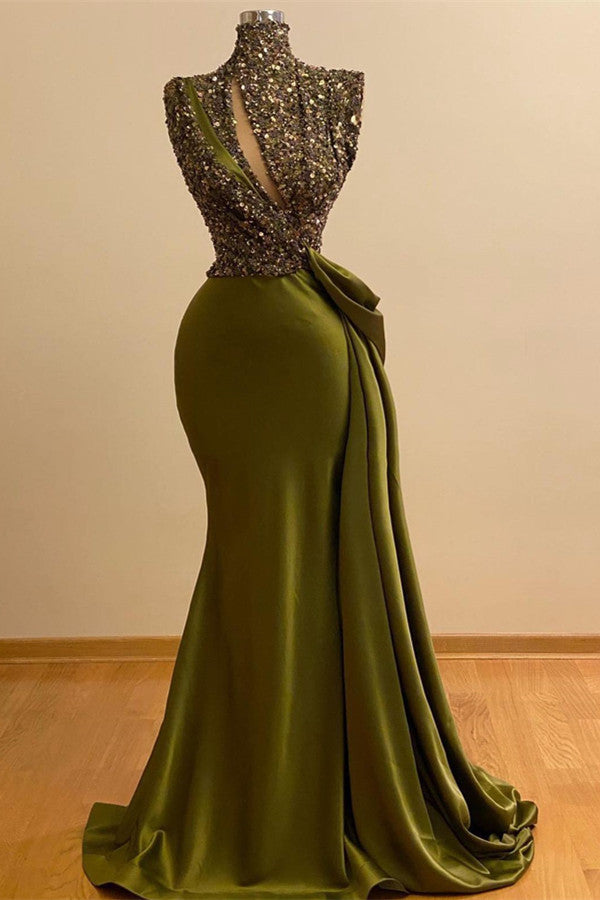 Green High Neck Prom Dress With Sequins