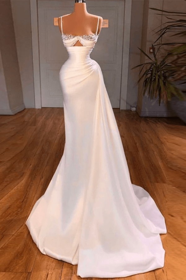 White Sleeveless Mermaid Prom Dresses With Beads Spaghetti-Straps