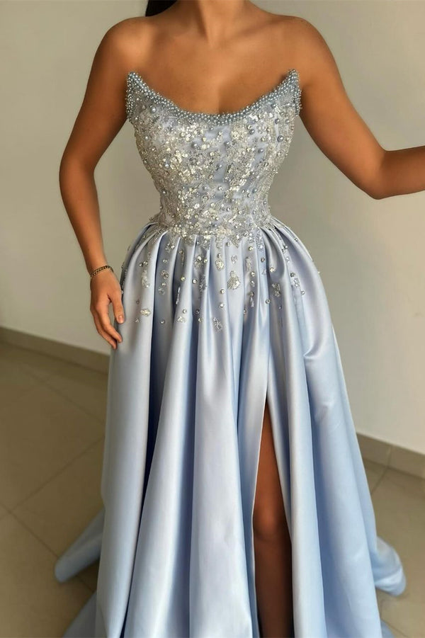 Baby Blue Strapless Prom Dress with Slit and Pearls Appliques