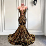 Long Sleeveless Mermaid Prom Dress with Gold Sequins