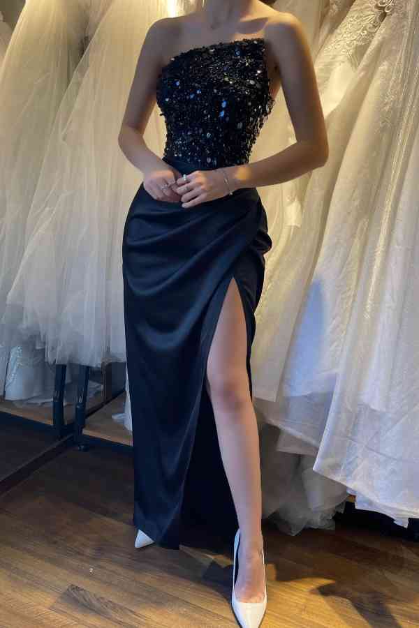 Black Sequin Split Long Strapless Prom Dress Sleeveless