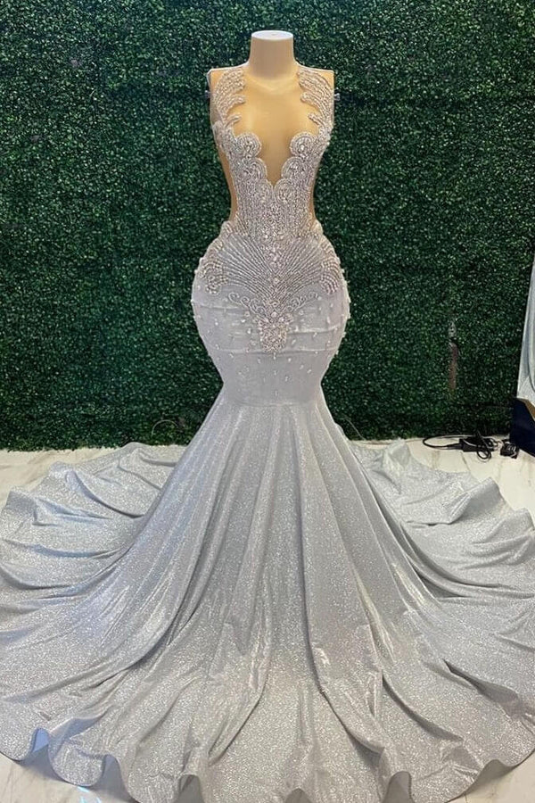 Sleeveless Silver Scoop Neck Mermaid Prom Dress with Beadings