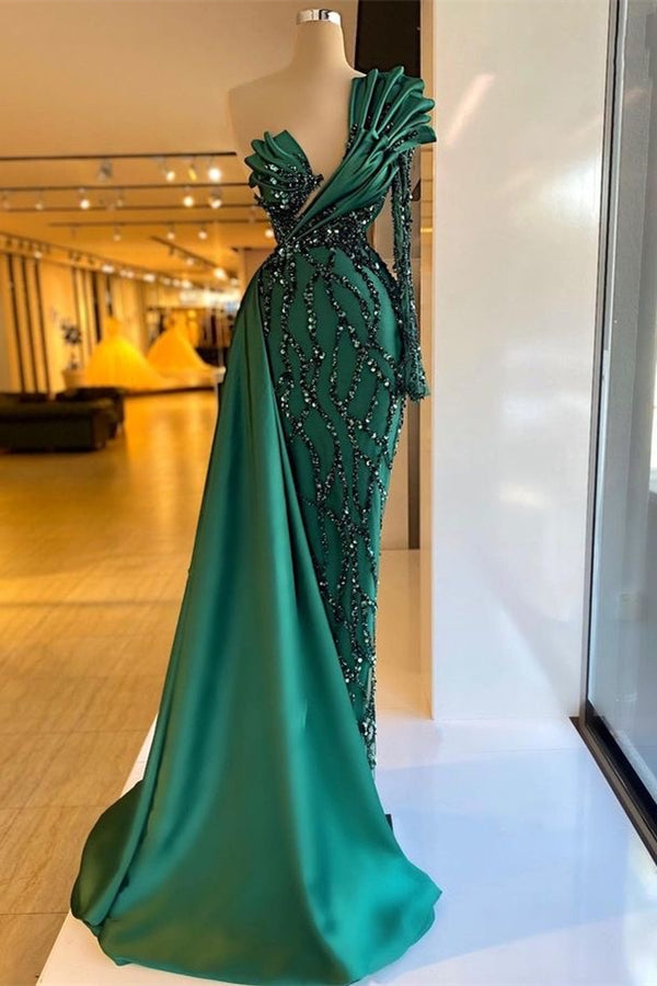 Dark Green Long Sleeve Mermaid Prom Dress: One Shoulder Beadings