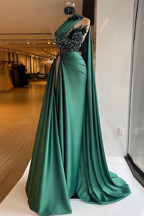 Emerald Green Prom Dress with High Neck Split Appliques Beads and Ruffles