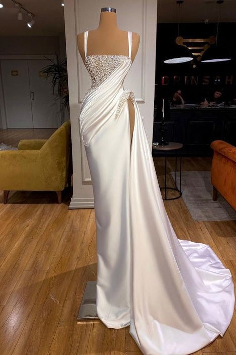 White Sleeveless Mermaid Prom Dress with Square Neckline High Split and Bead Embellishments