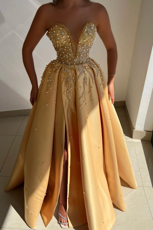 Champagne Sleeveless V-Neck A-Line Prom Dress with Appliques Pearls and Split