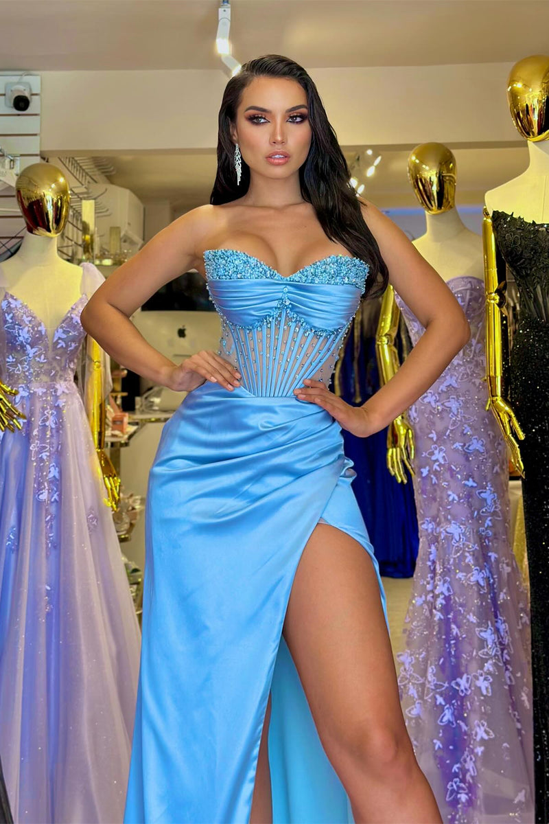 Sky Blue Prom Dress with High Split and Beads