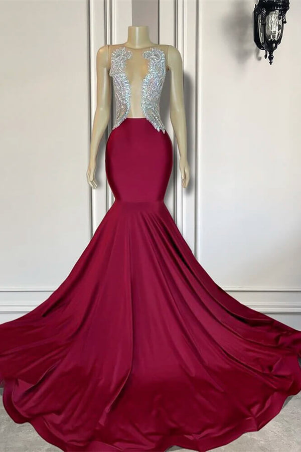 Beaded Burgundy Sleeveless Mermaid Prom Dress