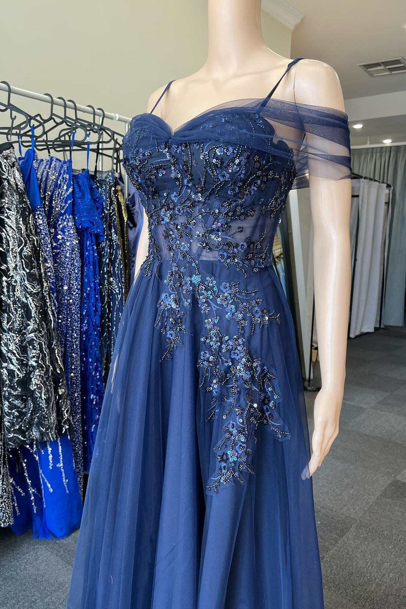 Navy Blue Spaghetti-Straps Off-The-Shoulder Sweetheart A-Line Prom Dress Featuring Appliques