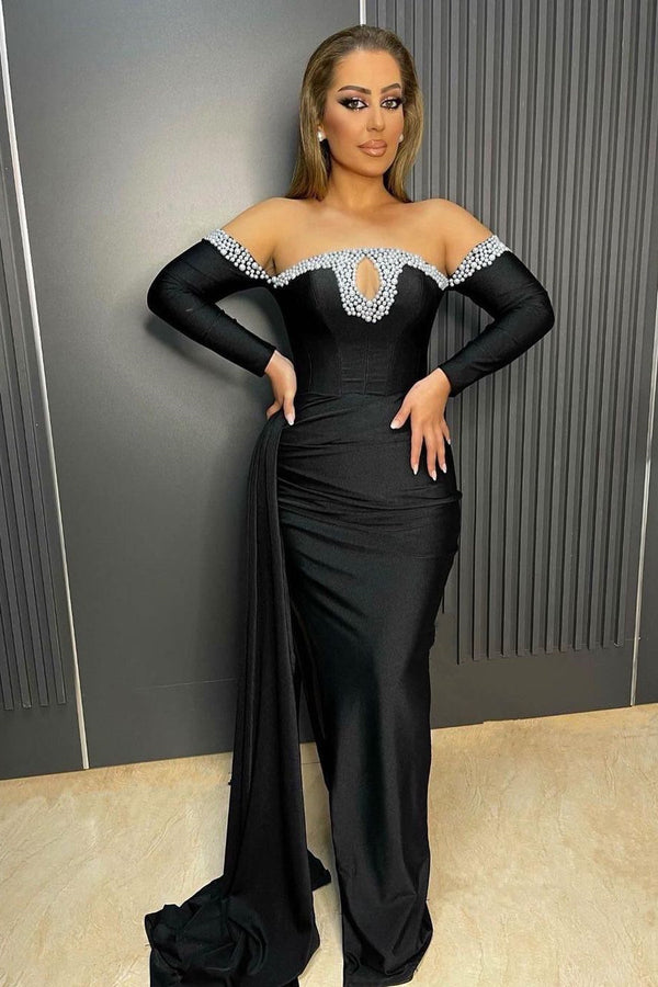 Black Mermaid Evening Prom Dress with Long Sleeve and Pearl Ruffles