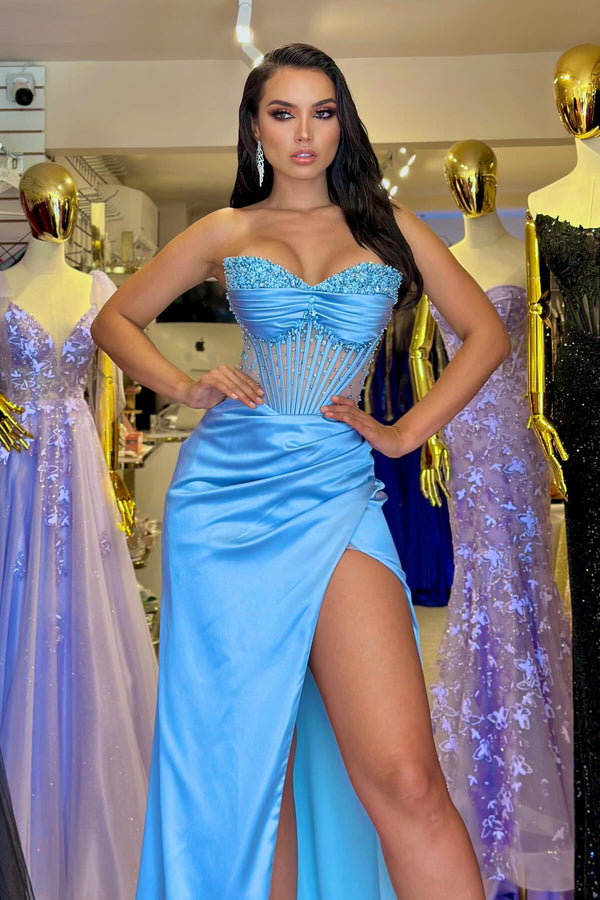 Sky Blue Prom Dress with High Split and Beads