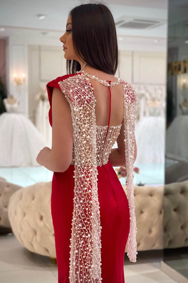 Sleeveless Red Mermaid Prom Dresses with Beads and Pearls