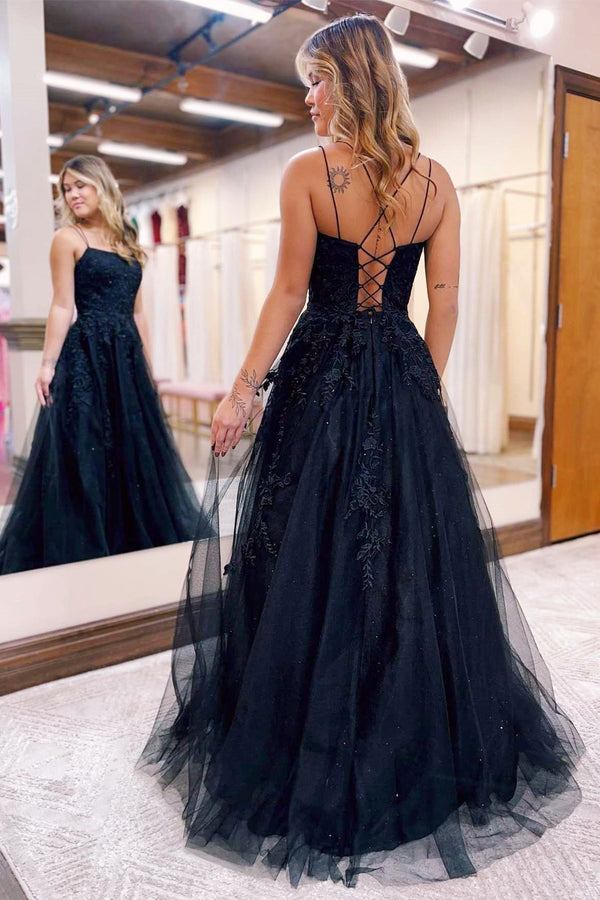 Sleeveless Black A-Line Prom Dress Featuring Appliques