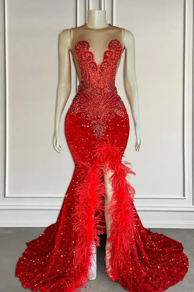 Red Sleeveless Sequins Mermaid Prom Dress with Front Slit Beadings and Feathers