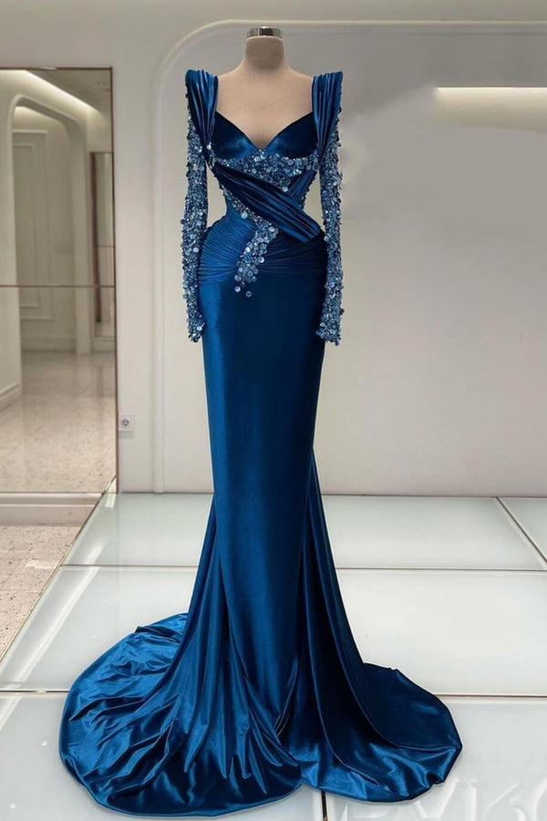 Dark Blue V-Neck Mermaid Evening Prom Dress With Sequins