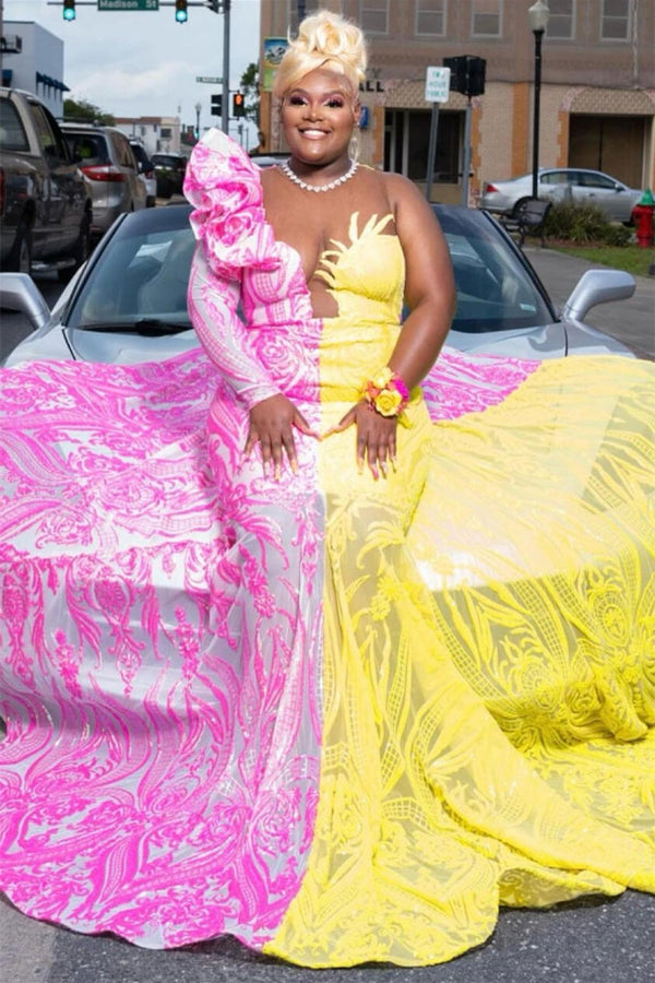 Sequin Pink and Yellow Long Sleeve Mermaid Prom Dresses