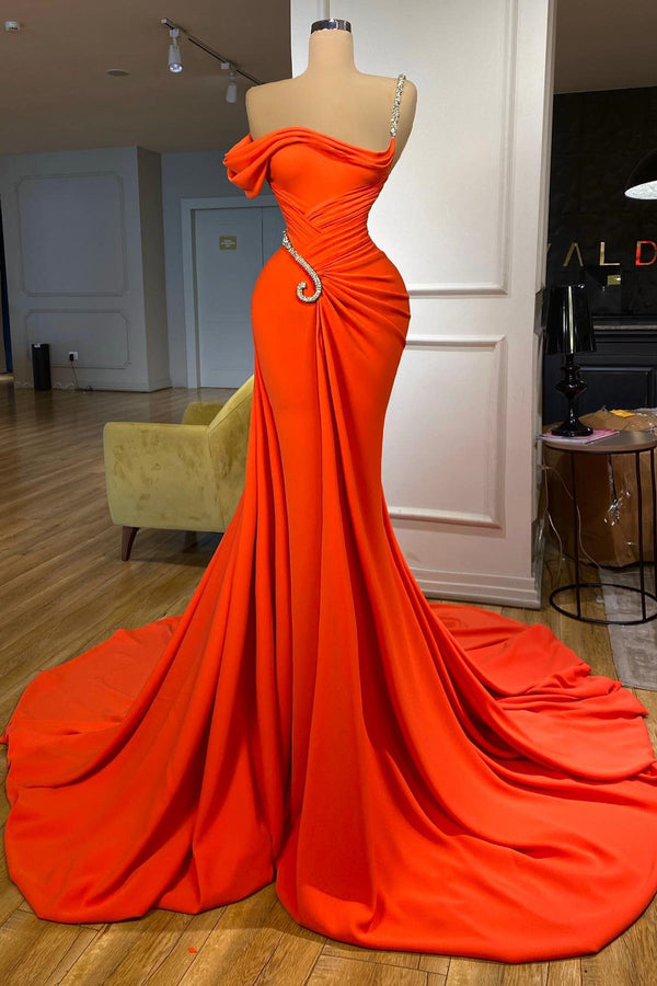 One-Shoulder Mermaid Evening Prom Dress with Beadings in Orange