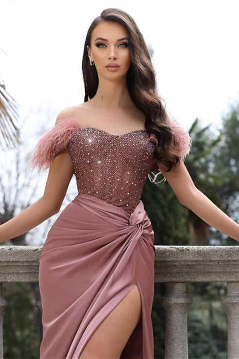 Mermaid Evening Prom Dresses Dusty Pink With Split Beads Feathers