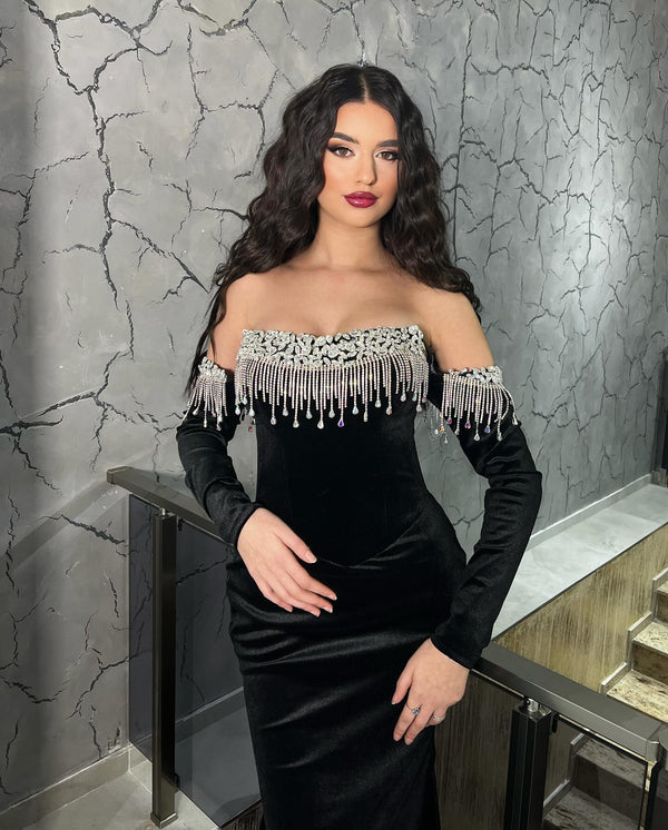 Strapless Crystal Sleeves Black Velvet Mermaid Prom Dress
