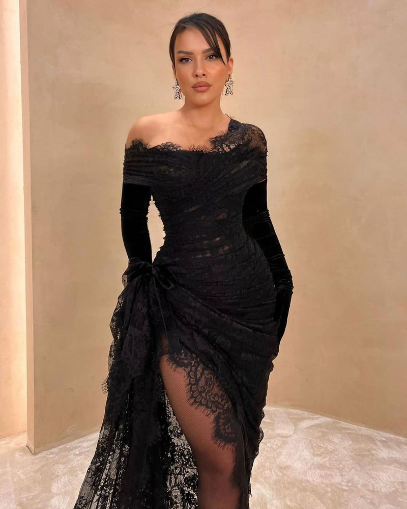 Prom Dress: Black Lace with Long Sleeves and Split