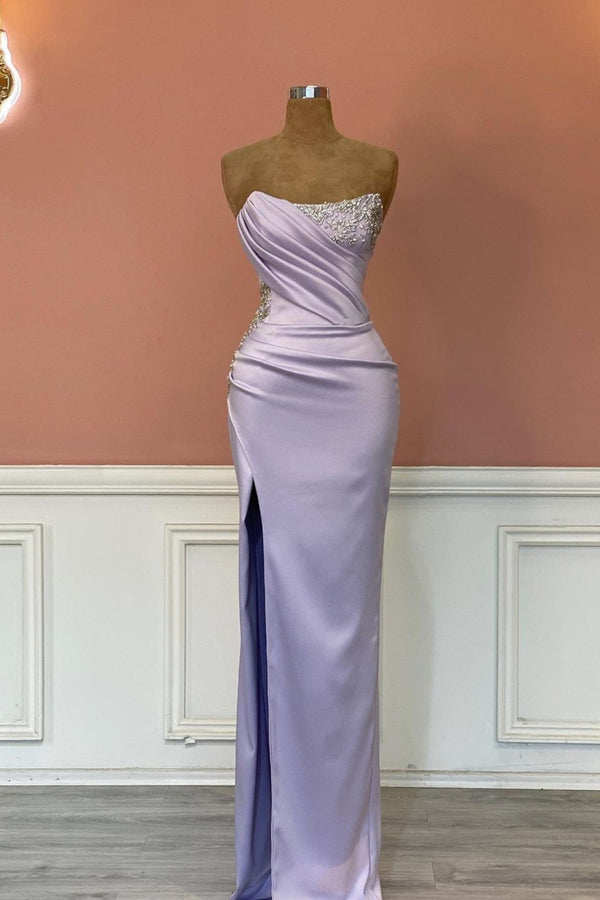 Lilac Mermaid Prom Dress with Strapless Design Side Split and Bead Embellishments