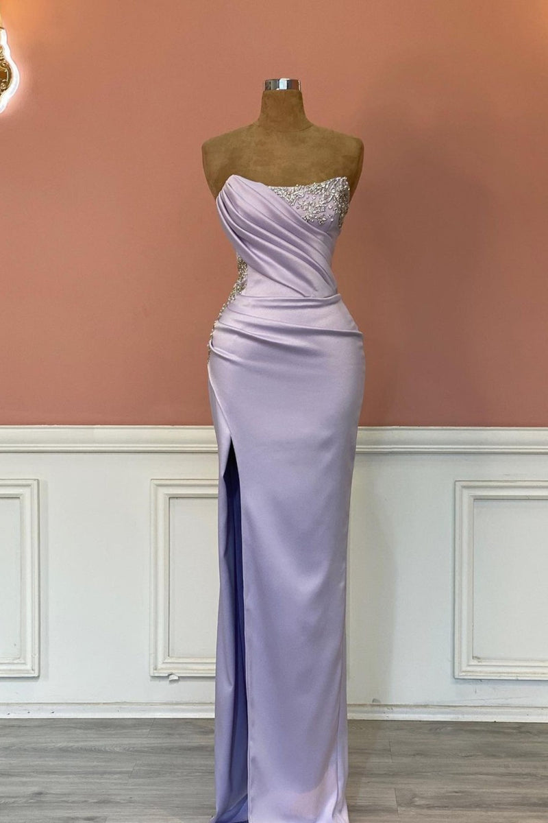 Lilac Mermaid Prom Dress with Strapless Design Side Split and Bead Embellishments