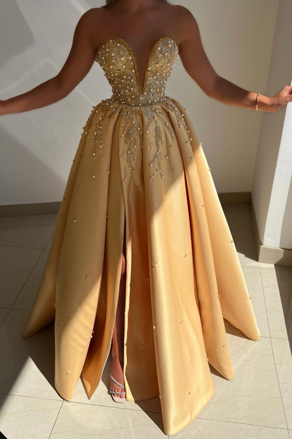 Champagne Sleeveless V-Neck A-Line Prom Dress with Appliques Pearls and Split