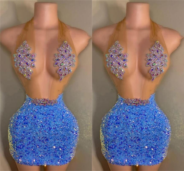 Blue Halter Sleeveless Short Prom Dresses With Sequins Beads