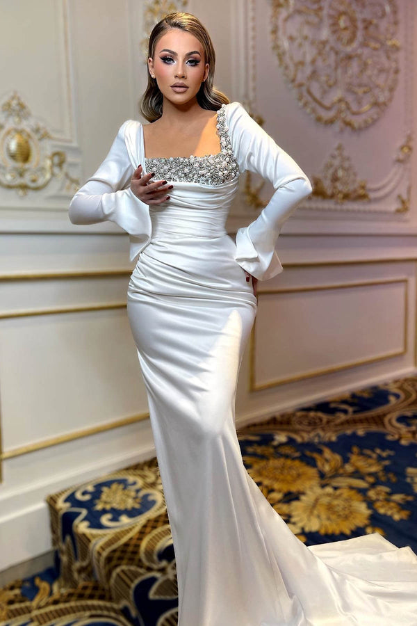 White Long Sleeve Square Mermaid Prom Dresses with Pearls Sequins