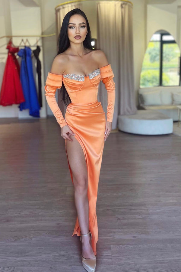 Orange Mermaid Evening Prom Dresses with Long Sleeves and Split Beads