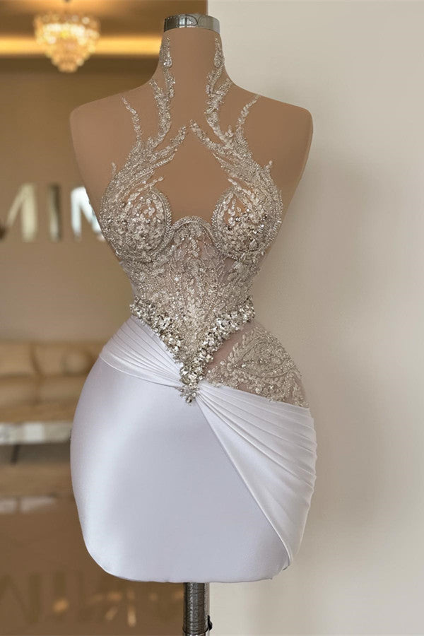 White Sheath Prom Dress with Appliques and Beads
