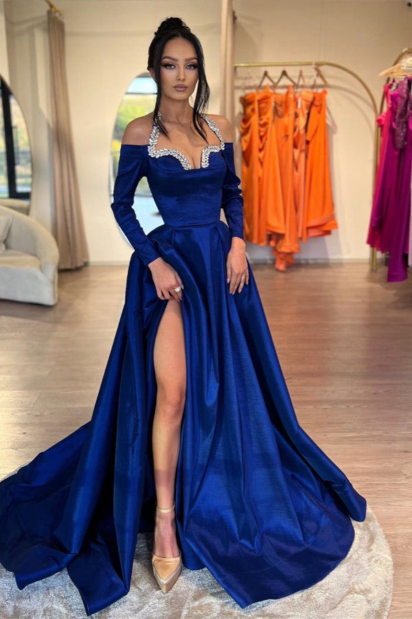 Royal Blue Halter Prom Dress with Slit and Crystal Embellishments