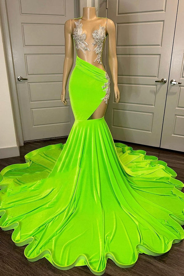Green Sleeveless Mermaid Prom Dresses With Split Appliques