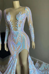 Sequins Split Mermaid Prom Dresses with Long Sleeves
