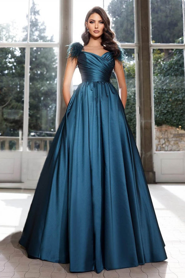 Ink Blue Strapless Long Prom Dress Sleeveless With Feathers