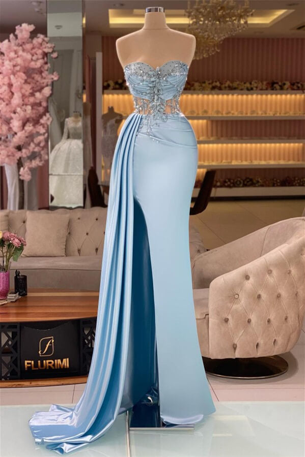 Blue Mermaid Dress with Sweetheart Neckline Slit Ruffles and Beads