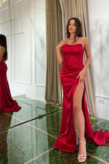 Red Sleeveless Strapless Mermaid Evening Prom Dresses with Split - On Sale