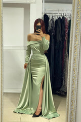Sage Prom Dress: Off-the-Shoulder with Mermaid Silhouette Long Sleeves and Slit