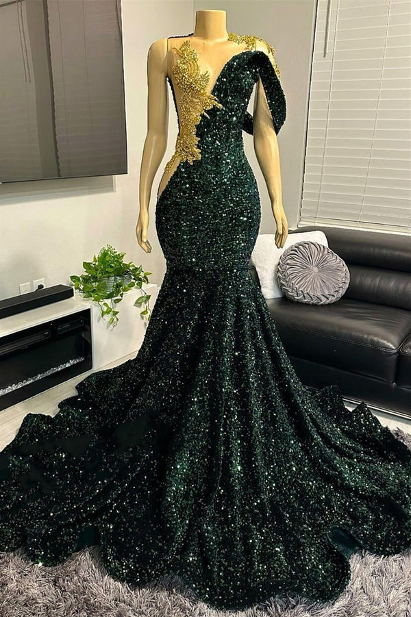 Dark Green Mermaid Prom Dress with Off-the-Shoulder Scoop Neckline and Sparkling Sequin Bead Detail