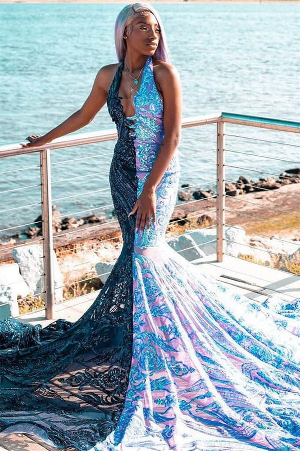 Sequined Lace Mermaid Prom Dresses in Dark Green and Ocean Blue Halter Sleeveless