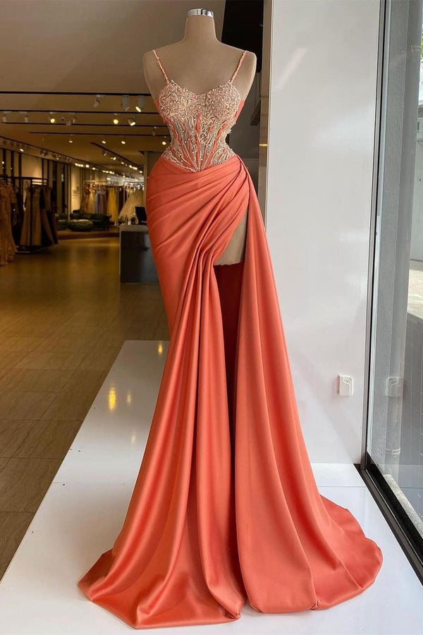 Orange Sleeveless Prom Dress With Spaghetti Straps Mermaid Slit and Appliques
