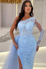 Sky Blue One Shoulder Long Sleeve Mermaid Evening Prom Dresses with Lace Appliques and Split Ruffles
