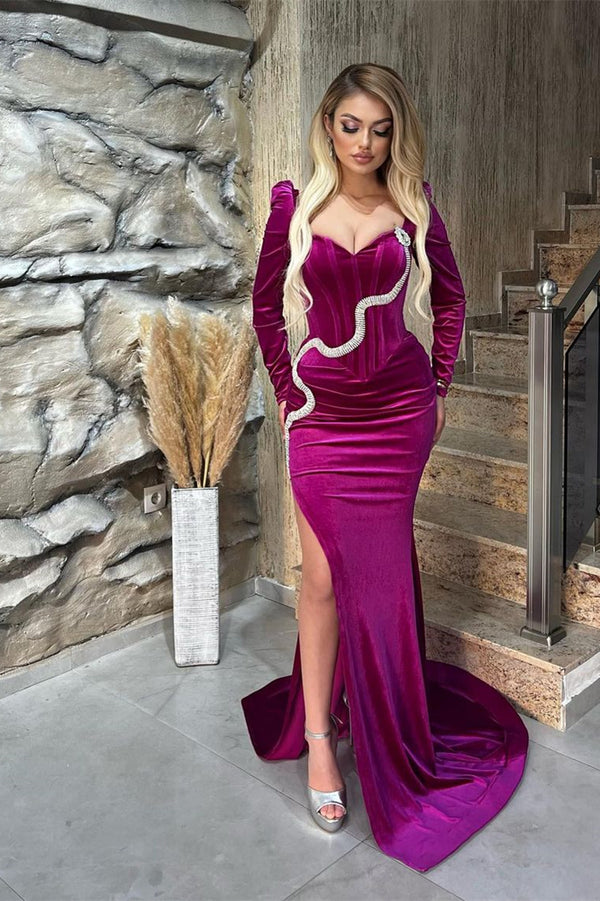 Purple Velvet Split Long Sleeves Sweetheart Mermaid Evening Prom Dresses