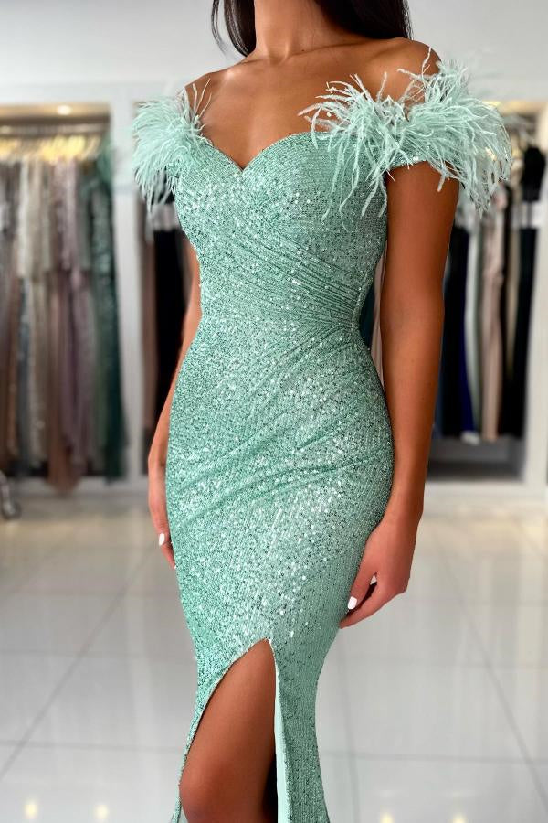Off-shoulder Sleeveless Mermaid Evening Prom Dresses Sequins Split Feathers