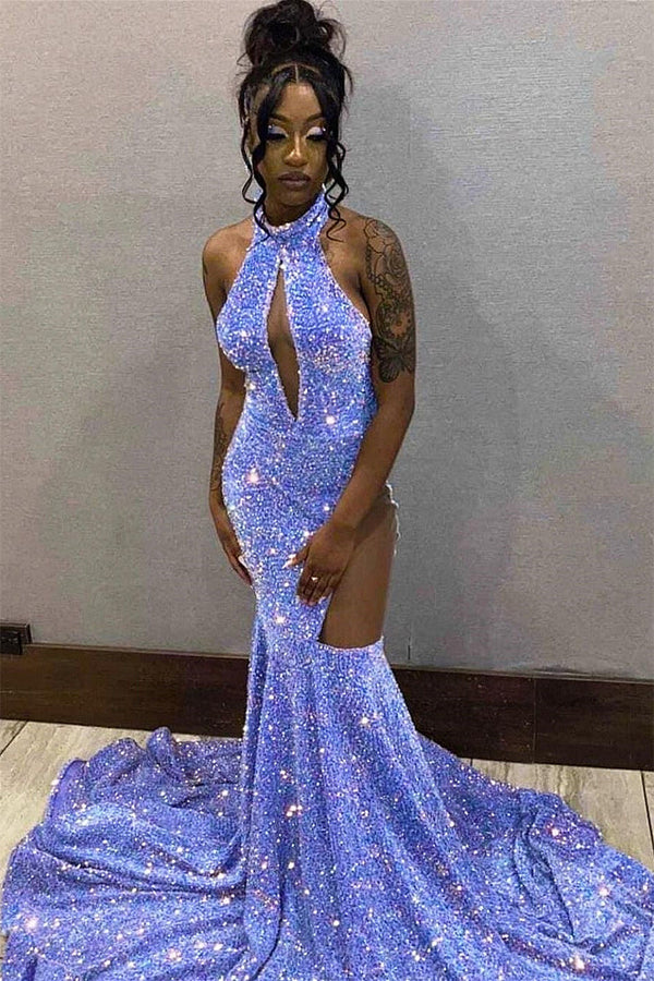 Light Blue High Neck Sleeveless Mermaid Prom Dresses With Split Sequins