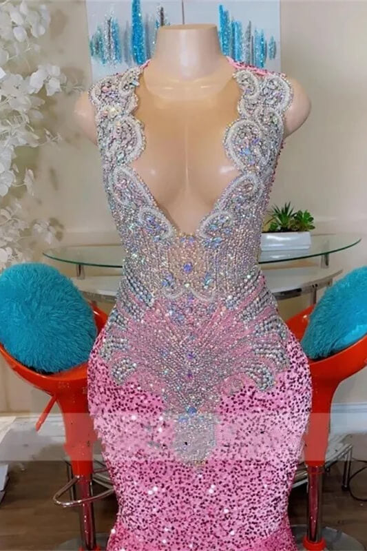 Pink Scoop Sleeveless Mermaid Prom Dresses With Sequins Beadings