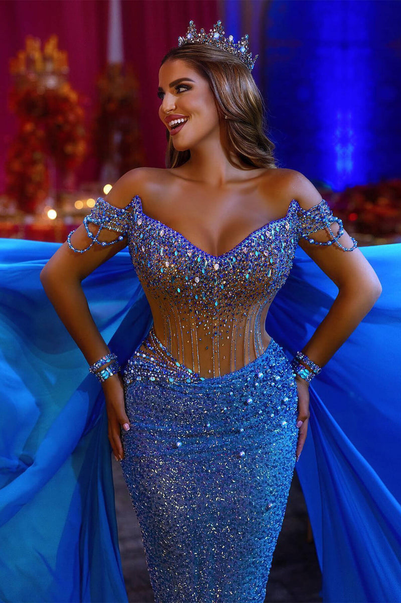 Off-Shoulder Royal Blue Mermaid Prom Dress with Overskirt Sequins and Beads